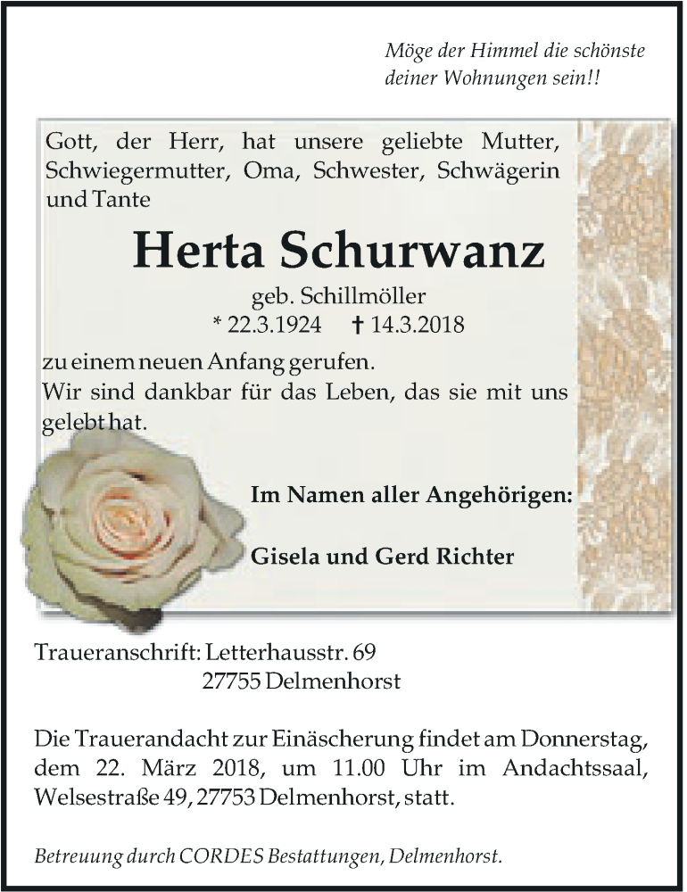  Traueranzeige für Herta Schurwanz vom 16.03.2018 aus Nordwest-Zeitung