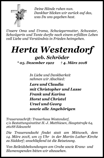 Traueranzeige von Herta Westendorf von Nordwest-Zeitung