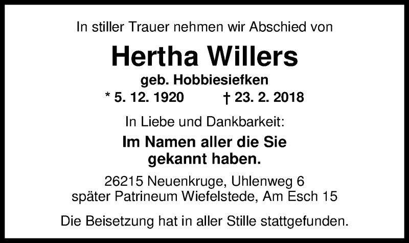  Traueranzeige für Hertha Willers vom 07.03.2018 aus Nordwest-Zeitung