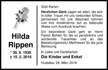 Traueranzeige von Hilda Rippen von Nordwest-Zeitung