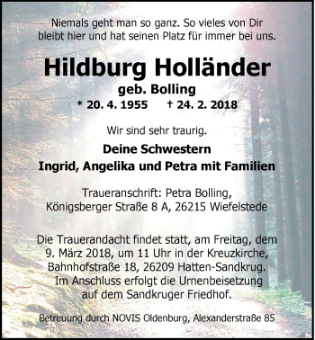 Traueranzeige von Hildburg Holländer von Nordwest-Zeitung