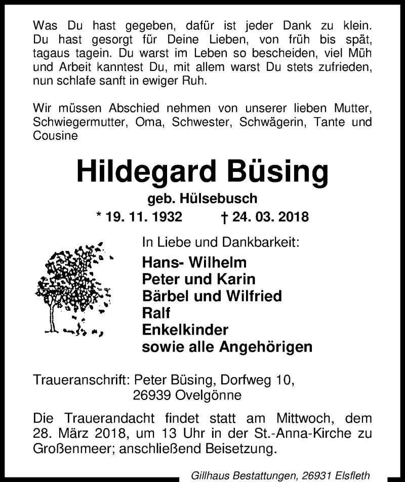  Traueranzeige für Hildegard Büsing vom 26.03.2018 aus Nordwest-Zeitung