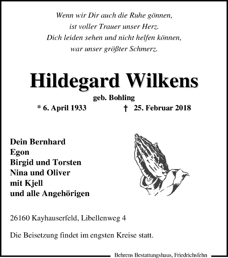  Traueranzeige für Hildegard Wilkens vom 03.03.2018 aus Nordwest-Zeitung