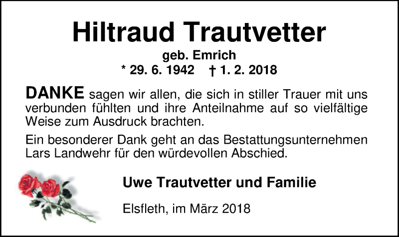  Traueranzeige für Hiltraud Trautvetter vom 02.03.2018 aus Nordwest-Zeitung