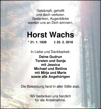 Traueranzeige von Horst Wachs von Nordwest-Zeitung