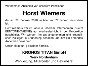 Traueranzeige von Horst Wiemers von Nordwest-Zeitung