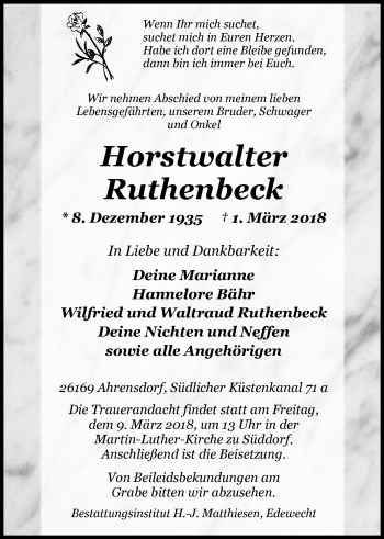 Traueranzeige von Horstwalter Ruthenbeck von Nordwest-Zeitung