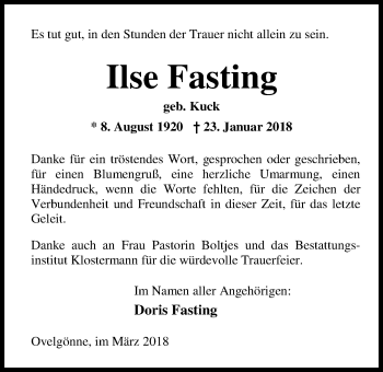 Traueranzeige von Ilse Fasting von Nordwest-Zeitung
