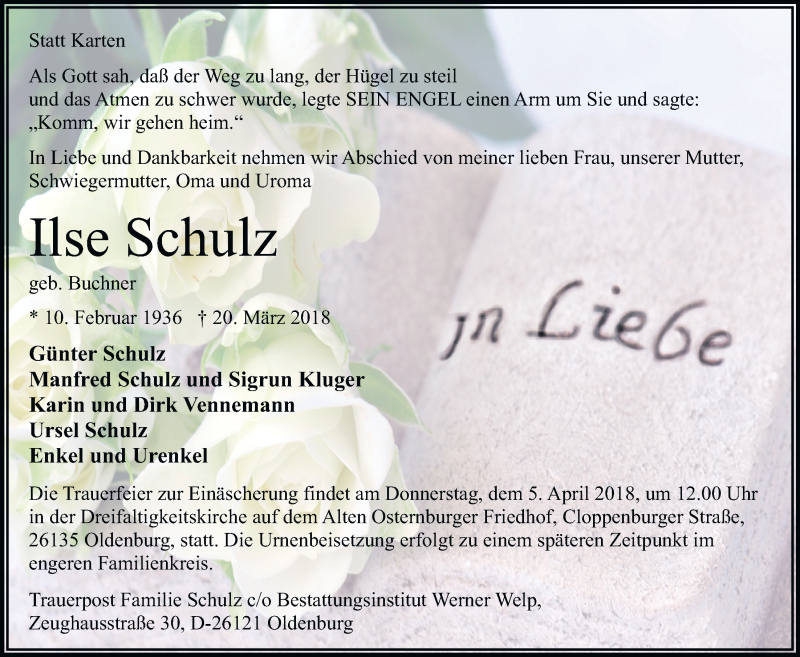  Traueranzeige für Ilse Schulz vom 28.03.2018 aus Nordwest-Zeitung