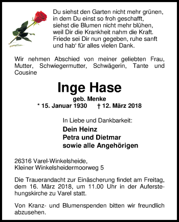 Traueranzeige von Inge Hase von Nordwest-Zeitung