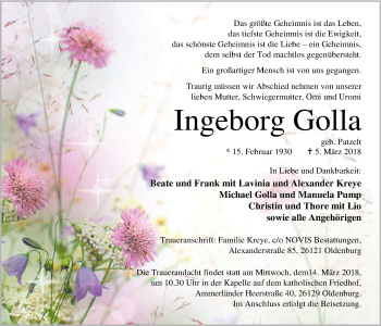 Traueranzeige von Ingeborg Golla von Nordwest-Zeitung