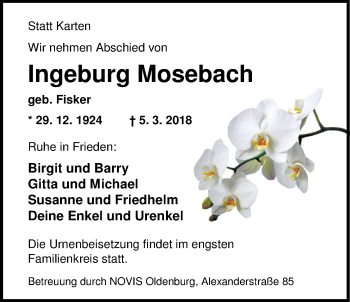 Traueranzeige von Ingeburg Mosebach von Nordwest-Zeitung