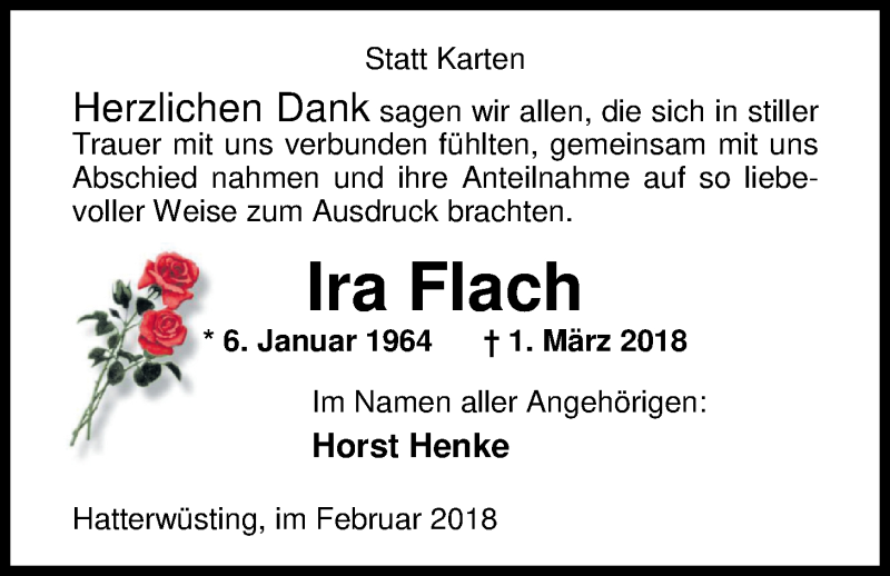  Traueranzeige für Ira Flach vom 24.03.2018 aus Nordwest-Zeitung