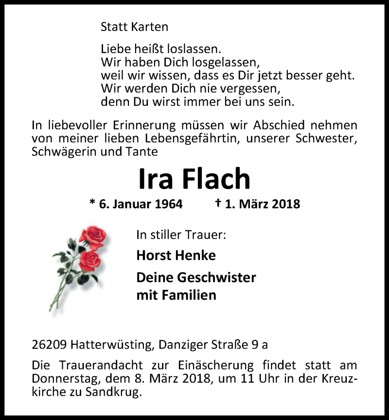  Traueranzeige für Ira Flach vom 05.03.2018 aus Nordwest-Zeitung