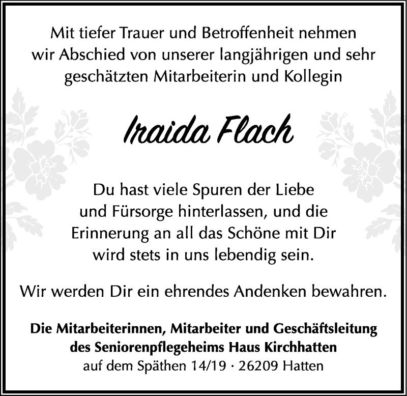  Traueranzeige für Ira Flach vom 05.03.2018 aus Nordwest-Zeitung