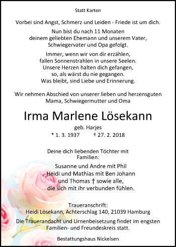 Traueranzeige von Irma Marlene Lösekann von Nordwest-Zeitung