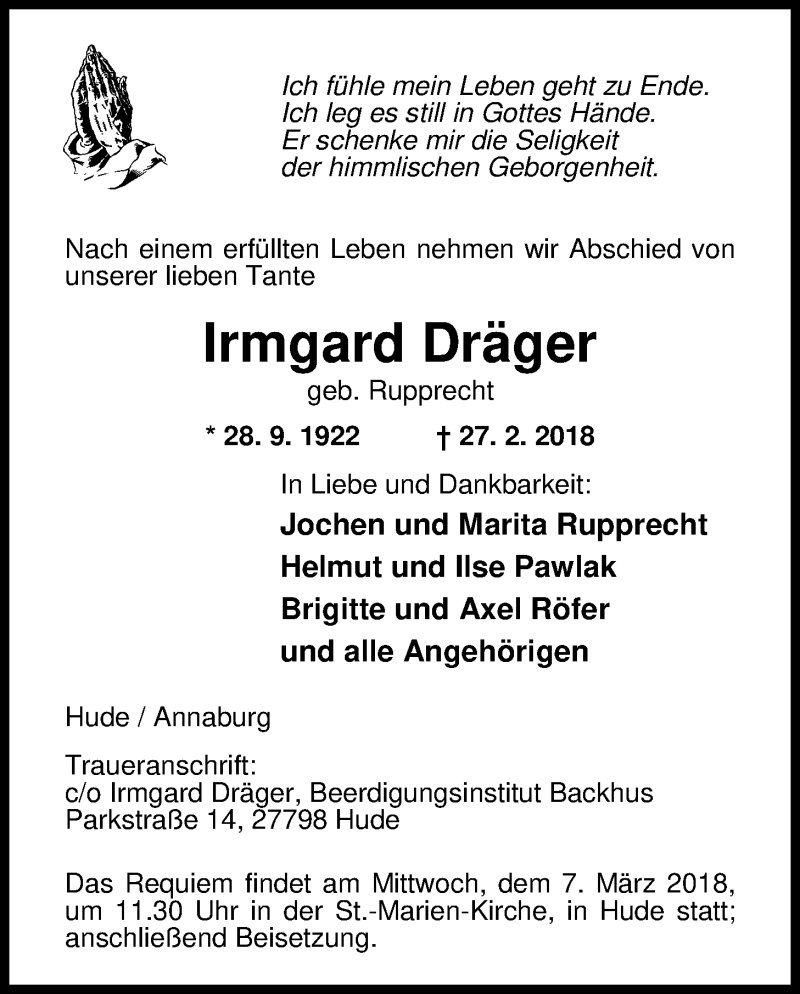  Traueranzeige für Irmgard Dräger vom 02.03.2018 aus Nordwest-Zeitung