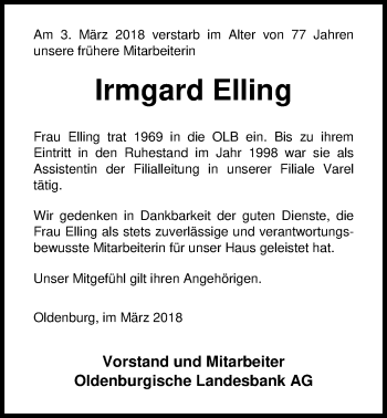 Traueranzeige von Irmgard Inge Elling von Nordwest-Zeitung