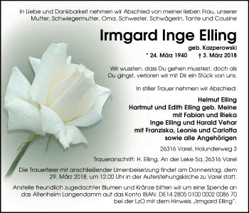 Traueranzeige von Irmgard Inge Elling von Nordwest-Zeitung