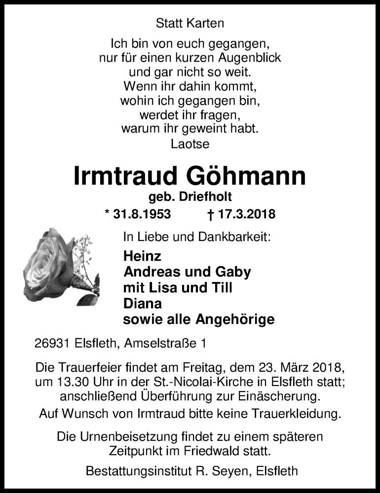  Traueranzeige für Irmtraud Göhmann vom 20.03.2018 aus Nordwest-Zeitung