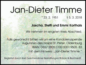 Traueranzeige von Jan-Dieter Timme von Nordwest-Zeitung