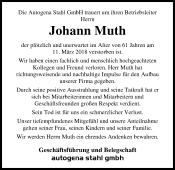 Traueranzeige von Johann Muth von Nordwest-Zeitung