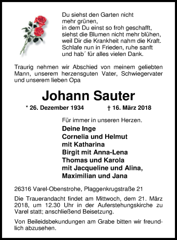 Traueranzeige von Johann Sauter von Nordwest-Zeitung