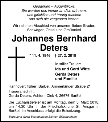 Traueranzeige von Johannes Bernhard Deters von Nordwest-Zeitung