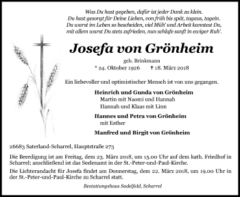 Traueranzeige von Josefa von Grönheim von Nordwest-Zeitung