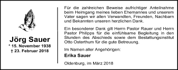 Traueranzeige von Jörg Sauer von Nordwest-Zeitung