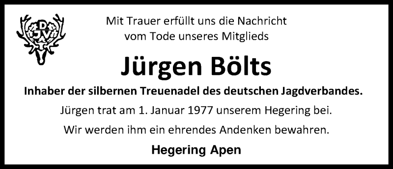  Traueranzeige für Jürgen Bölts vom 06.03.2018 aus Nordwest-Zeitung