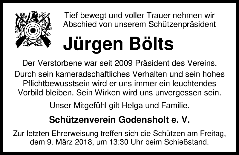  Traueranzeige für Jürgen Bölts vom 06.03.2018 aus Nordwest-Zeitung