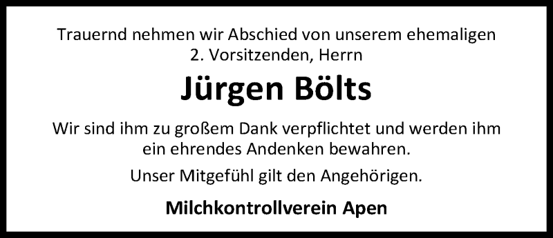  Traueranzeige für Jürgen Bölts vom 07.03.2018 aus Nordwest-Zeitung