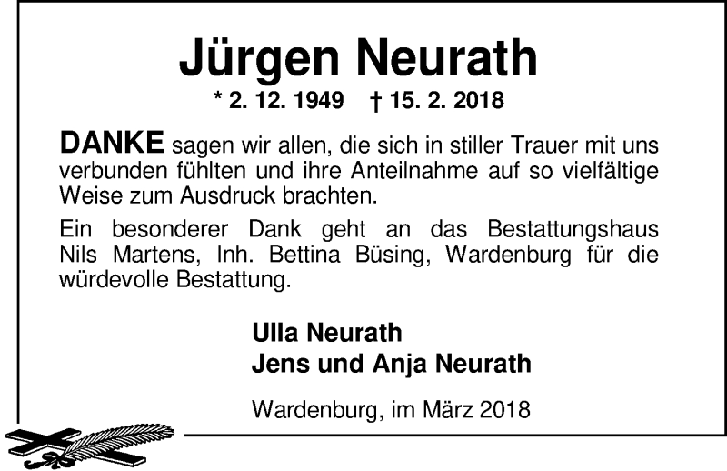  Traueranzeige für Jürgen Neurath vom 29.03.2018 aus Nordwest-Zeitung