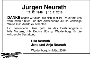 Traueranzeige von Jürgen Neurath von Nordwest-Zeitung