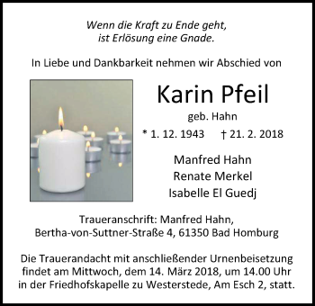 Traueranzeige von Karin Pfeil von Nordwest-Zeitung