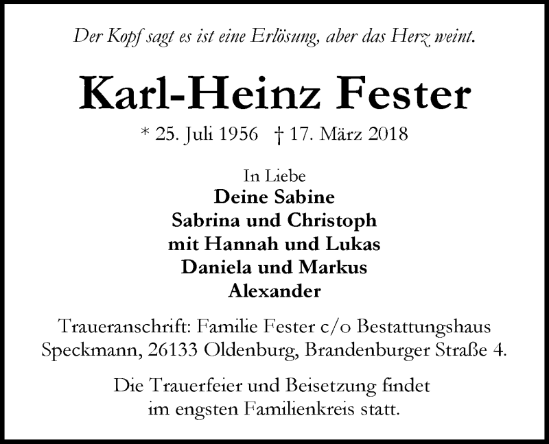  Traueranzeige für Karl-Heinz Fester vom 20.03.2018 aus Nordwest-Zeitung