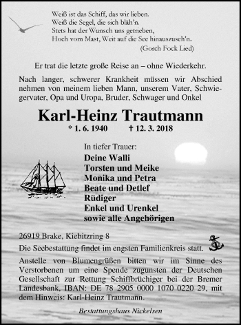 Traueranzeige von Karl-Heinz Trautmann von Nordwest-Zeitung