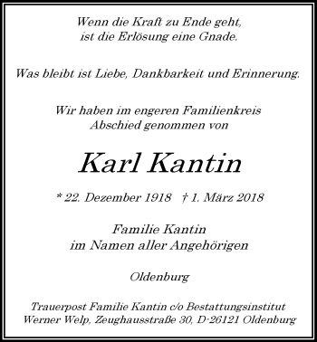 Traueranzeige von Karl Kantin von Nordwest-Zeitung