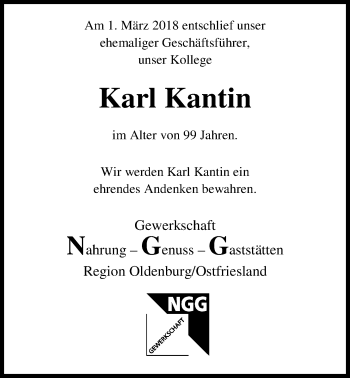 Traueranzeige von Karl Kantin von Nordwest-Zeitung