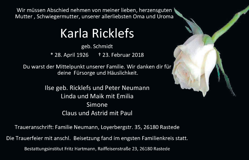  Traueranzeige für Karla Ricklefs vom 03.03.2018 aus Nordwest-Zeitung