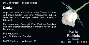 Traueranzeige von Karla Ricklefs von Nordwest-Zeitung