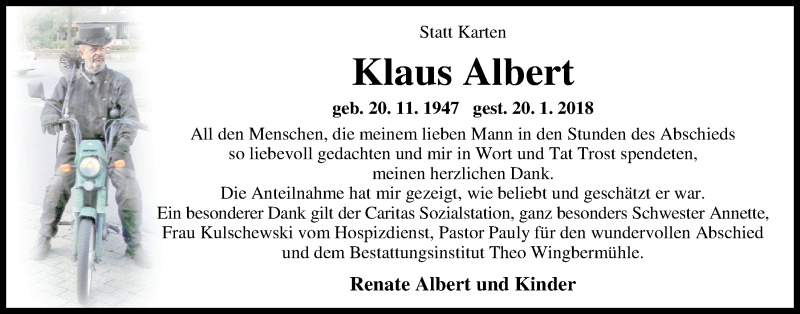  Traueranzeige für Klaus Albert vom 03.03.2018 aus Nordwest-Zeitung