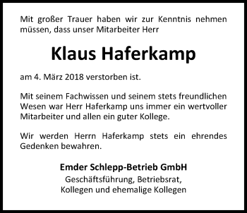 Traueranzeige von Klaus Haferkamp von Nordwest-Zeitung