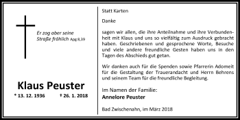 Traueranzeige von Klaus Peuster von Nordwest-Zeitung