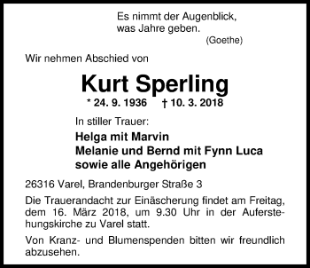 Traueranzeige von Kurt Sperling von Nordwest-Zeitung