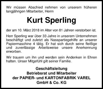 Traueranzeige von Kurt Sperling von Nordwest-Zeitung