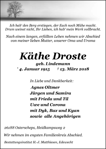 Traueranzeige von Käthe Droste von Nordwest-Zeitung