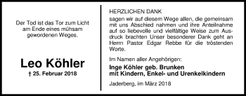 Traueranzeige von Leo Köhler von Nordwest-Zeitung