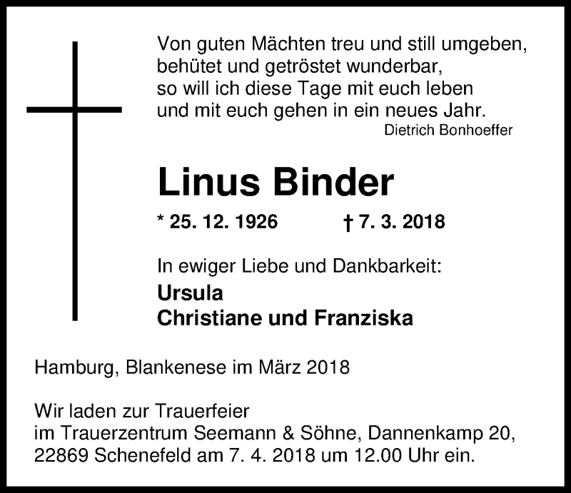 Traueranzeige für Linus Binder vom 24.03.2018 aus Nordwest-Zeitung